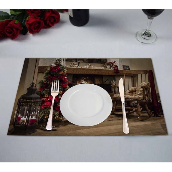 PKQWTM Christmas tree near fireplace rocking chair Kitchen Dining Table Mats Placemats Size 12x18 Inches, Set of 2 Pieces