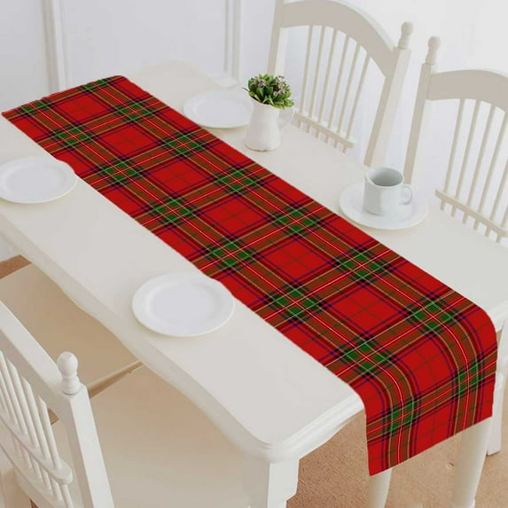PKQWTM Clan Stewart Scottish Royal Tartan Plaid Cotton and Linen Table Runner Kitchen Dining Room Supplies Size 14x72 Inch