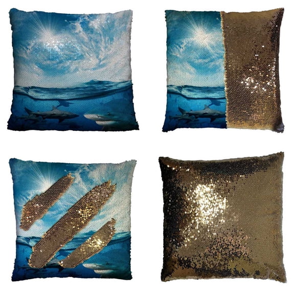 PKQWTM Cloudy Divine Sunlight Dangerous Sharks Underwater Reversible Mermaid Cushion Cover Home Decor Sequin Pillow Case Size 20x20 inches