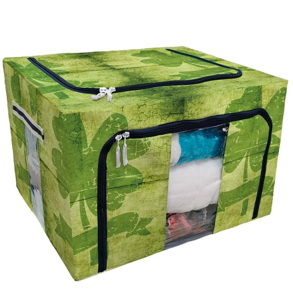 PKQWTM Clover With Four Leaves In Grunge Style In The Paper Storage Bag Clear Window Storage Bins Boxes Large Capacity Foldable Stackable Organizer With Steel Metal Frame For Clothes,Closets, Bedrooms