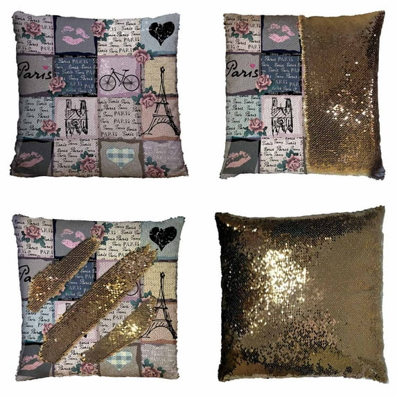 PKQWTM Collage Retro Scrapbook Inscriptions Word Paris Reversible Mermaid Cushion Cover Home Decor Sequin Pillow Case Size 16x16 inches