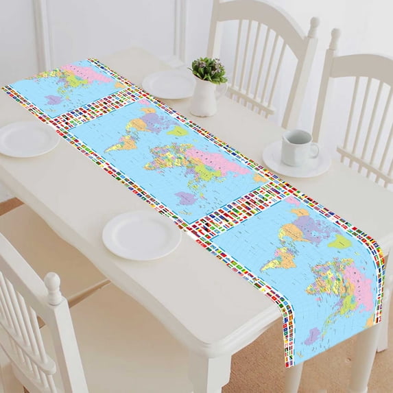 PKQWTM Colored World Map Flags Cotton and Linen Table Runner Kitchen Dining Room Supplies Size 14x72 Inch