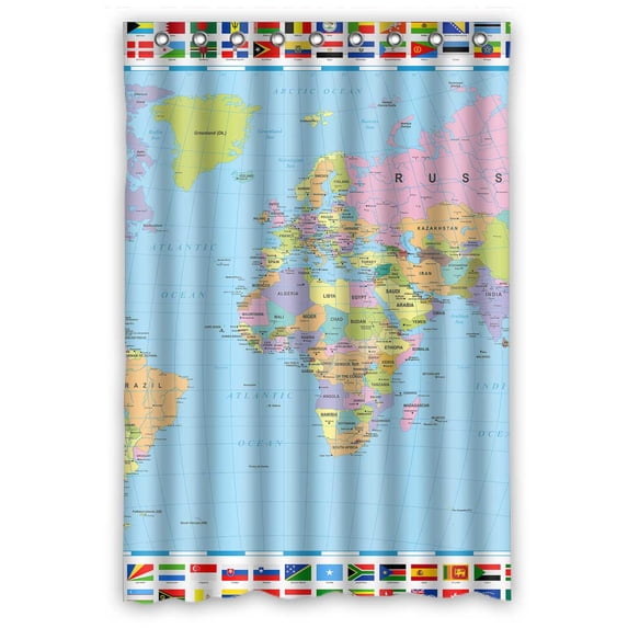 PKQWTM Colored World Map Flags WaterProof Polyester Fabric Shower Curtain Size 48x72 Inches
