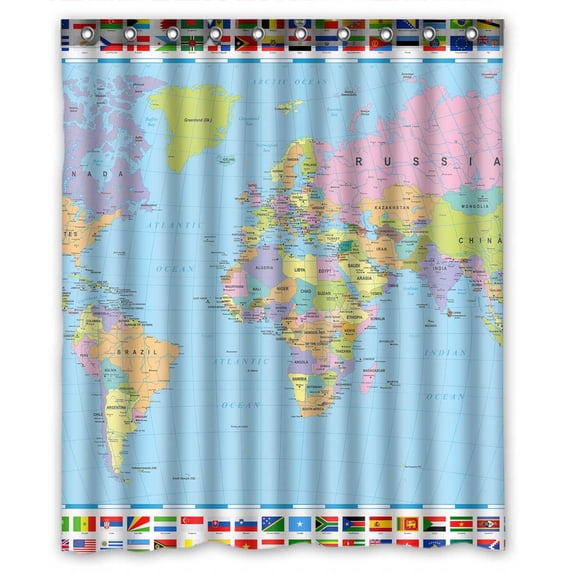 PKQWTM Colored World Map Flags WaterProof Polyester Fabric Shower Curtain Size 60x72 Inches
