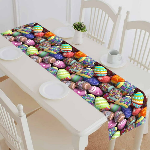 PKQWTM Colorful Easter Eggs Big Pile Cotton and Linen Table Runner Kitchen Dining Room Supplies Size 16x72 Inch