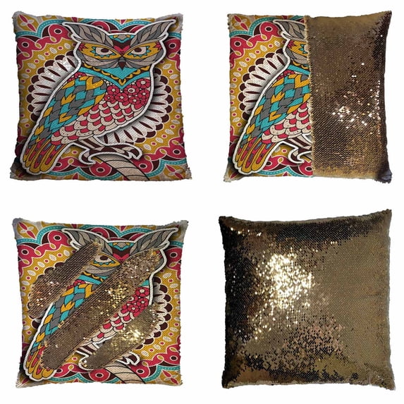PKQWTM Coloring Book Page Owl Reversible Mermaid Cushion Cover Home Decor Sequin Pillow Case Size 18x18 inches