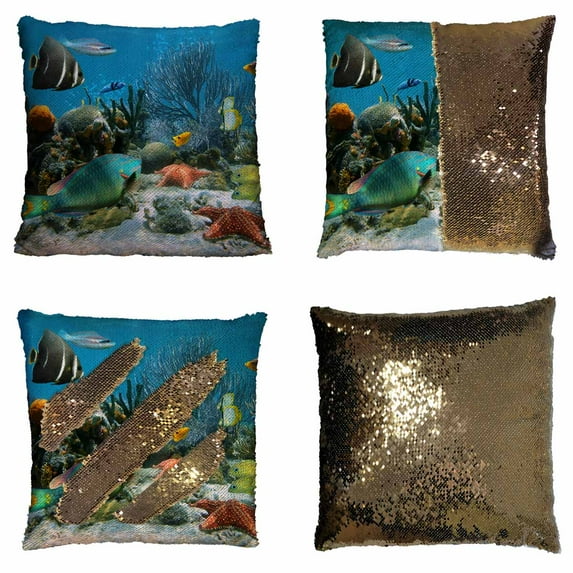 PKQWTM Coral reef starfish colorful tropical fish Caribbean sea Reversible Mermaid Cushion Cover Home Decor Sequin Pillow Case Size 20x20 inches