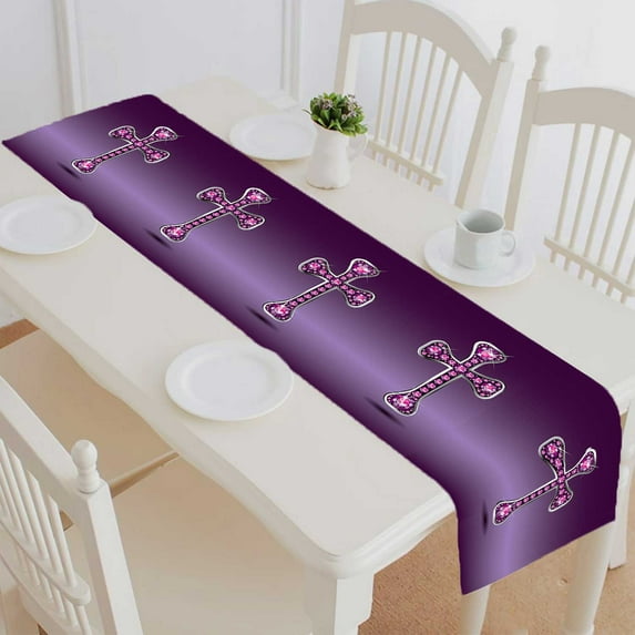 PKQWTM Cross Garnet Semi Precious Stones Silver Channel Cotton and Linen Table Runner Kitchen Dining Room Supplies Size 14x72 Inch