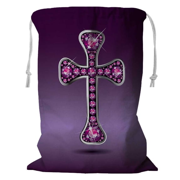 PKQWTM Cross Garnet Semi Precious Stones Silver Channel Storage Basket Laundry Bag with Drawstring Size 24x32 Inch