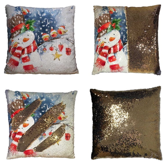 PKQWTM Cute Bird Snowman Snowflake Winter Holiday Reversible Mermaid Cushion Cover Home Decor Sequin Pillow Case Size 18x18 inches