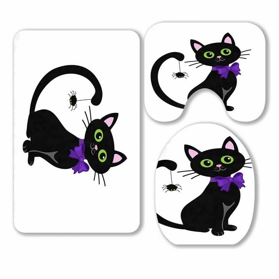 PKQWTM Cute Black Cat White Halloween 3 Piece Bathroom Rugs Set Bath Rug Contour Mat and Toilet Lid Cover