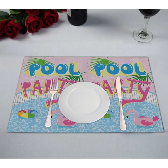 PKQWTM Cute Cartoon Pool Float Flamingo Pool Party Kitchen Dining Table Mats Placemats Size 12x18 Inches, Set of 2 Pieces