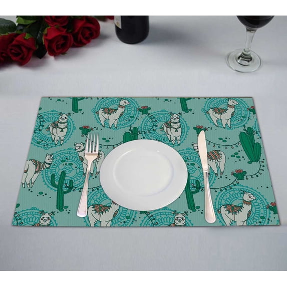 PKQWTM Cute Doodle Alapaca In Boho Style And Cactus Kitchen Dining Table Mats Placemats Size 12x18 Inches, Set of 2 Pieces