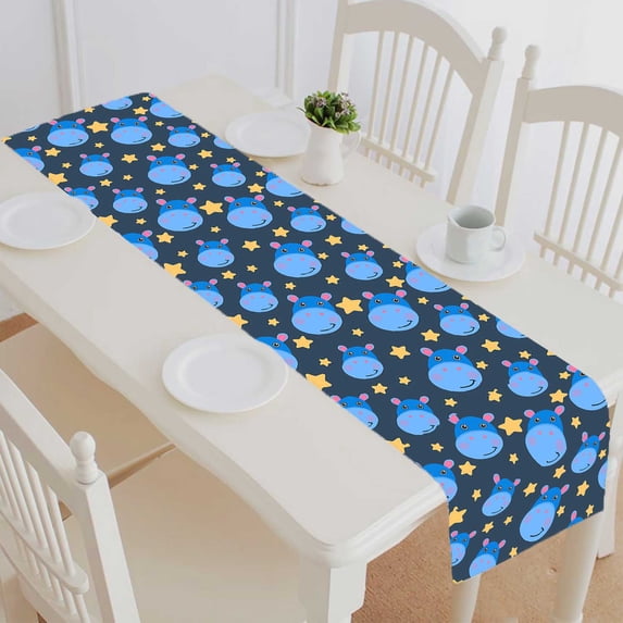 PKQWTM Cute Hippo And Stars Pattern Of A Hippopotamus Cotton and Linen Table Runner Kitchen Dining Room Supplies Size 16x72 Inch