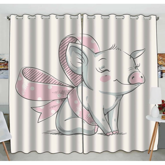 PKQWTM Cute Piggy With A Bow Cartoon Practical heat insulation Shading Window Curtain Size 52(W)x84(H) inches(Two Piece)