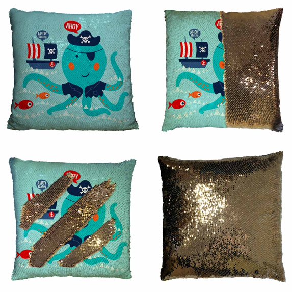 PKQWTM Cute octopus swimming red fishes pirate boat Reversible Mermaid Cushion Cover Home Decor Sequin Pillow Case Size 20x20 inches