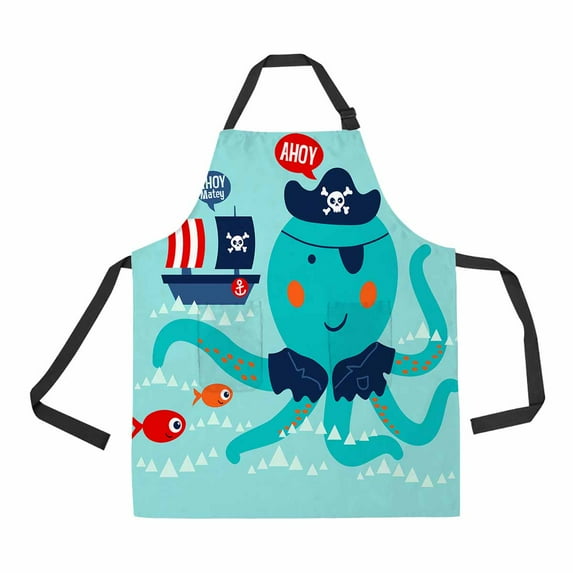PKQWTM Cute octopus swimming red fishes pirate boat Unisex Adjustable Bib Apron with Pockets for Commercial Restaurant and Home Kitchen Use