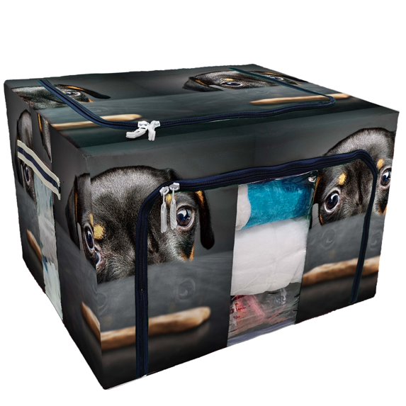 PKQWTM Dachshund Puppy Looking At Treat Table Storage Bag Clear Window Storage Bins Boxes Large Capacity Foldable Stackable Organizer With Steel Metal Frame For Bedding,Clothes,Closets, Bedrooms