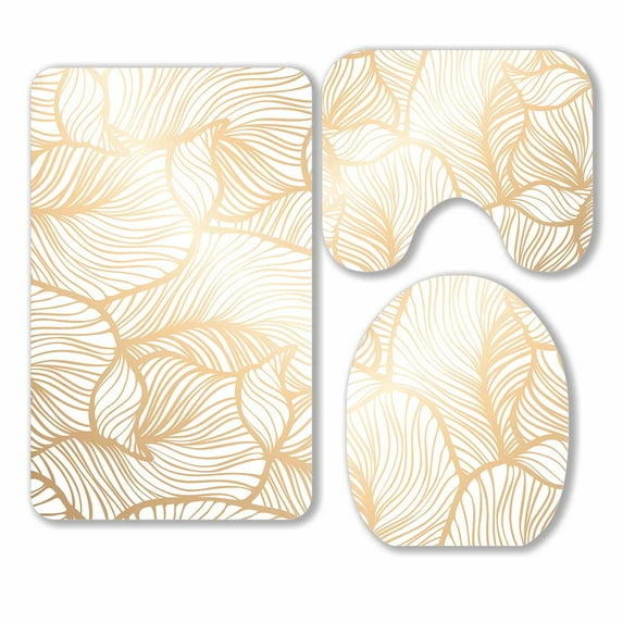 PKQWTM Damask floral Royal Gold leaf 3 Piece Bathroom Rugs Set Bath Rug Contour Mat and Toilet Lid Cover