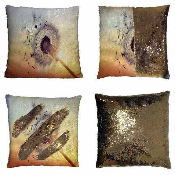 PKQWTM Dandelion Silhouette Against Sunset Seeds Blowing Wind Reversible Mermaid Cushion Cover Home Decor Sequin Pillow Case Size 18x18 inches