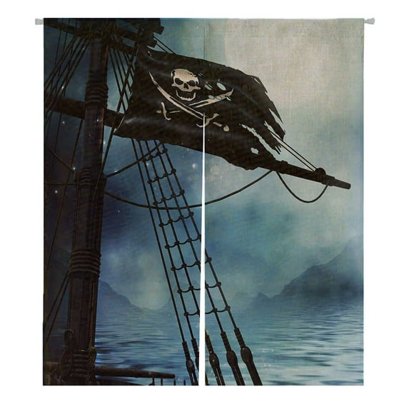 PKQWTM Deck Pirate Ship Black Flag At Night Door Curtain Window Cover Home Decor Hanging Curtain Size 105x120 CM