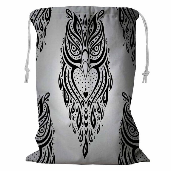 PKQWTM Decorative Owl Polynesian Tribal Pattern Storage Basket Laundry Bag with Drawstring Size 24x32 Inch