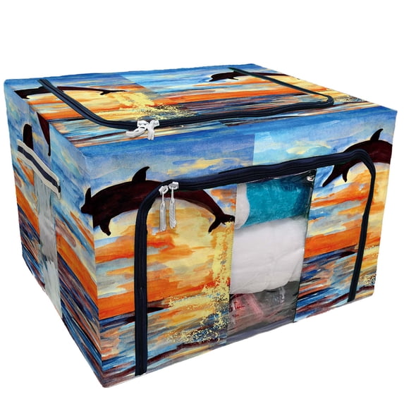 PKQWTM Dolphin Jumping out of Sea Sunset Seacapes Storage Bag Clear Window Storage Bins Boxes Large Capacity Foldable Stackable Organizer With Steel Metal Frame For Bedding,Clothes,Closets, Bedrooms