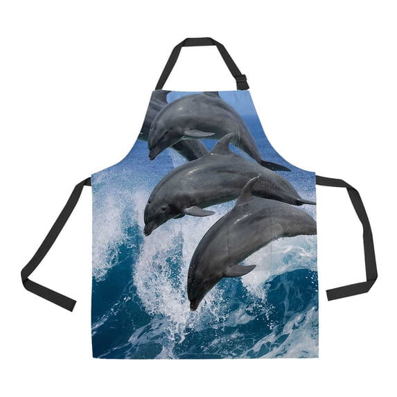 PKQWTM Dolphins Waves Hawaii Pacific Ocean Wildlife Marine Animals Unisex Adjustable Bib Apron with Pockets for Commercial Restaurant and Home Kitchen Use