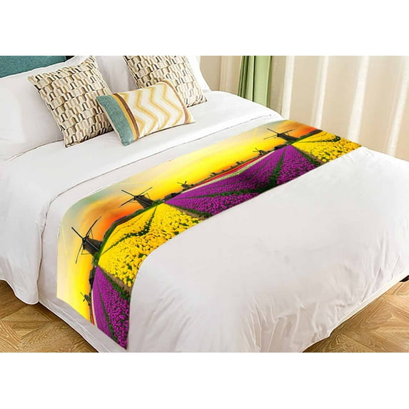 PKQWTM Dutch Windmill Violet Yellow Holland Tulips Field Sunset Netherlands Bed Runner Bedroom Bedding Decor Bedding Scarf Size 20x95 inches
