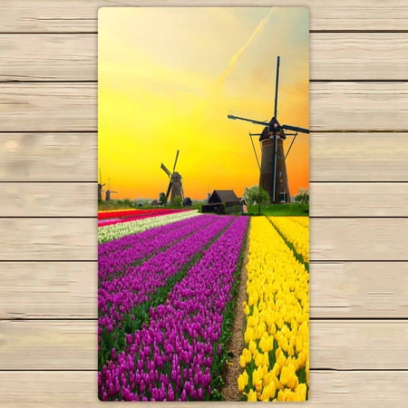 PKQWTM Dutch Windmill Violet Yellow Holland Tulips Field Sunset Netherlands Microfiber Bath Towels Bathroom Body Shower Towel Size 30x56 Inches