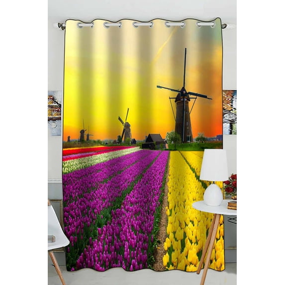 PKQWTM Dutch Windmill Violet Yellow Holland Tulips Field Sunset Netherlands Practical heat insulation Shading Window Curtain Size 52(W)x84(H) inches(One Piece)