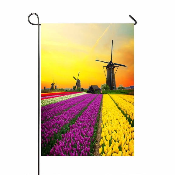 PKQWTM Dutch Windmill Violet Yellow Holland Tulips Field Sunset Netherlands Yard Decor Home Garden Flag Size 12x18 Inches