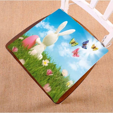 PKQWTM Easter Bunny Coloured Eggs Meadow Blue Sky Butterflies Chair Pads Chair Mat Seat Cushion Chair Cushion Floor Cushion Size 18x18 inches