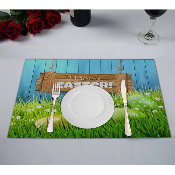 PKQWTM Easter Colorful Eggs In Grass And Wooden Kitchen Dining Table Mats Placemats Size 12x18 Inches, Set of 2 Pieces