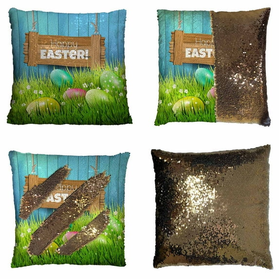 PKQWTM Easter Colorful Eggs In Grass And Wooden Reversible Mermaid Cushion Cover Home Decor Sequin Pillow Case Size 18x18 inches