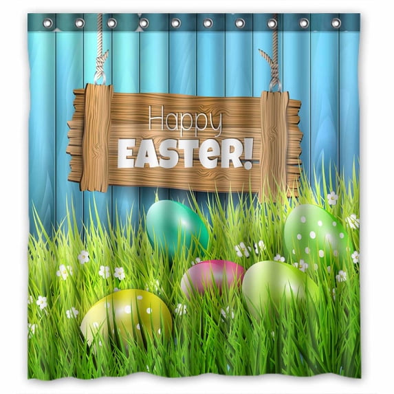 PKQWTM Easter Colorful Eggs In Grass And Wooden WaterProof Polyester Fabric Shower Curtain Size 66x72 Inches