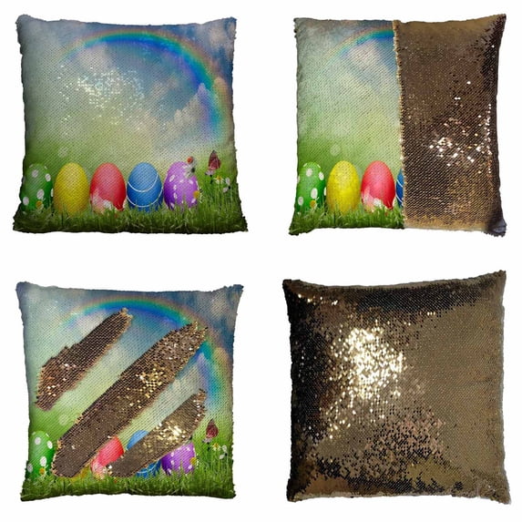 PKQWTM Easter Eggs Dyed Sunny Sky In The Grass Reversible Mermaid Cushion Cover Home Decor Sequin Pillow Case Size 18x18 inches