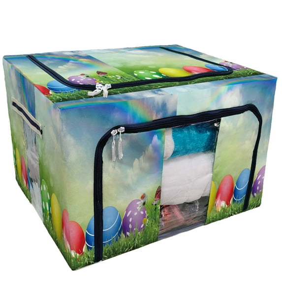 PKQWTM Easter Eggs Dyed Sunny Sky In The Grass Storage Bag Clear Window Storage Bins Boxes Large Capacity Foldable Stackable Organizer With Steel Metal Frame For Bedding,Clothes,Closets, Bedrooms