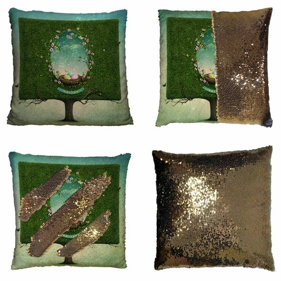 PKQWTM Easter Square Tree Nest Hole Shape Egg Reversible Mermaid Cushion Cover Home Decor Sequin Pillow Case Size 18x18 inches