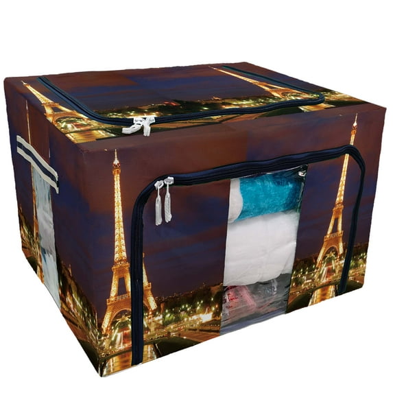 PKQWTM Eiffel Tower At Night Paris Tallest Structure Storage Bag Clear Window Storage Bins Boxes Large Capacity Foldable Stackable Organizer With Steel Metal Frame For Clothes,Closets, Bedrooms