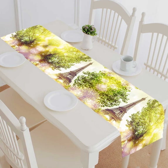 PKQWTM Eiffel Tower Green Summer Trees Sunset Rays Cotton and Linen Table Runner Kitchen Dining Room Supplies Size 16x72 Inch