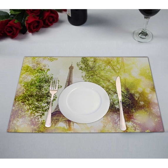 PKQWTM Eiffel Tower Green Summer Trees Sunset Rays Kitchen Dining Table Mats Placemats Size 12x18 Inches, Set of 2 Pieces