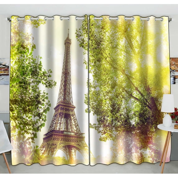 PKQWTM Eiffel Tower Green Summer Trees Sunset Rays Practical heat insulation Shading Window Curtain Size 52(W) x 84(H) inches (Two Piece)