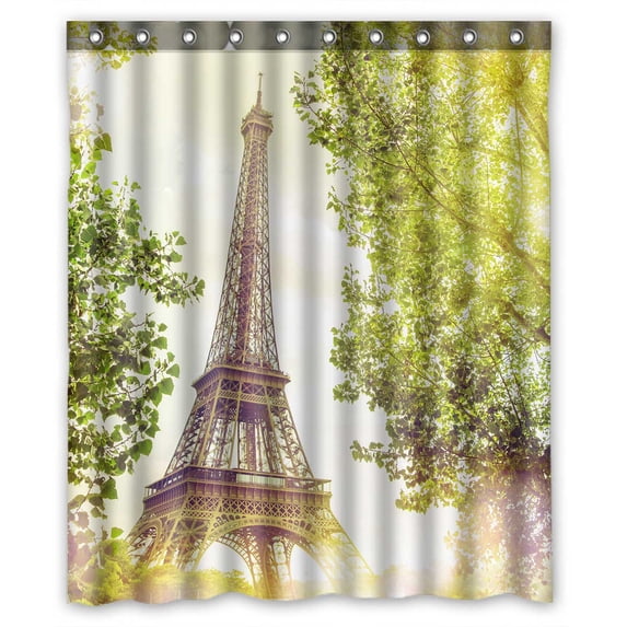 PKQWTM Eiffel Tower Green Summer Trees Sunset Rays WaterProof Polyester Fabric Shower Curtain Size 60x72 Inches