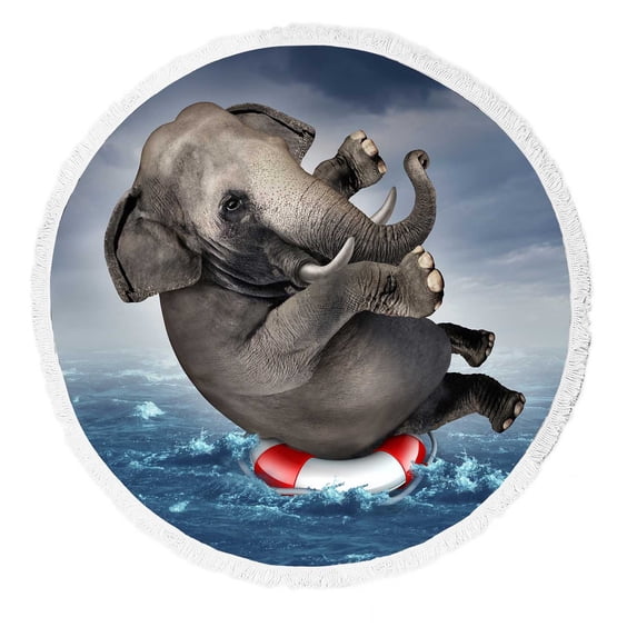 PKQWTM Elephant Floating On A Life Preserver Round Beach Towel Beach Mats Shawl Blanket Yoga Mat with Tassels Beach Throw Towel