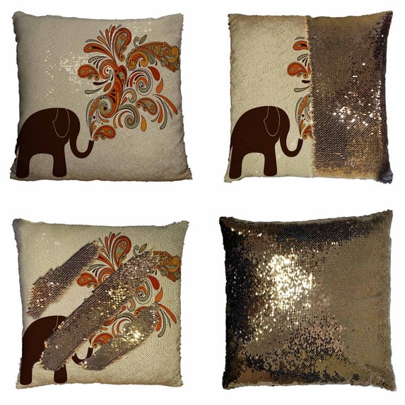 PKQWTM Elephant With Floral Pattern Reversible Mermaid Cushion Cover Home Decor Sequin Pillow Case Size 18x18 inches