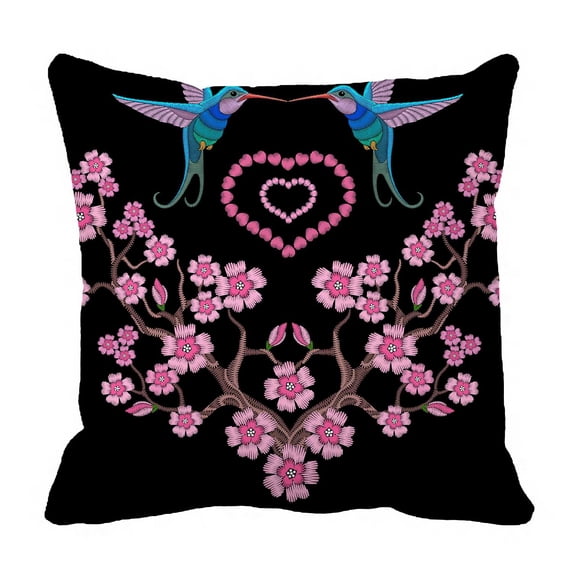 PKQWTM Embroidery Hummingbird Sakura Bed Decor Pillow Cases Zippered Cushion Cover Size 18x18 Inches