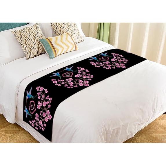 PKQWTM Embroidery Hummingbird Sakura Bed Runner Bedroom Bedding Decor Bedding Scarf Size 20x95 inches