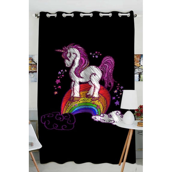 PKQWTM Embroidery magic unicorns on rainbow Practical heat insulation Shading Window Curtain Size 52(W) x 84(H) inches(One Piece)