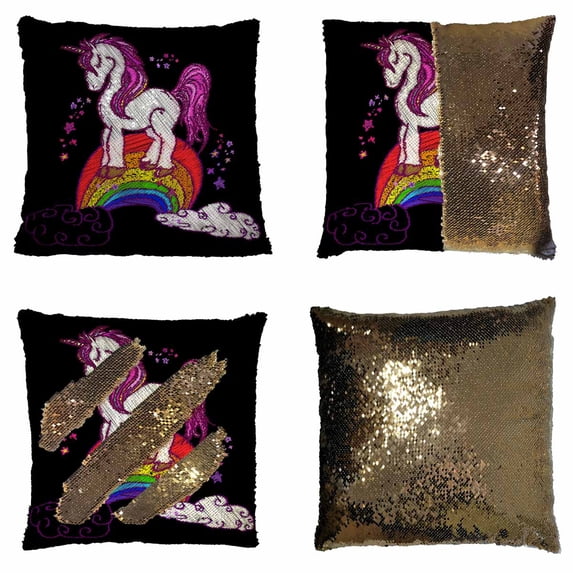 PKQWTM Embroidery magic unicorns on rainbow Reversible Mermaid Cushion Cover Home Decor Sequin Pillow Case Size 16x16 inches